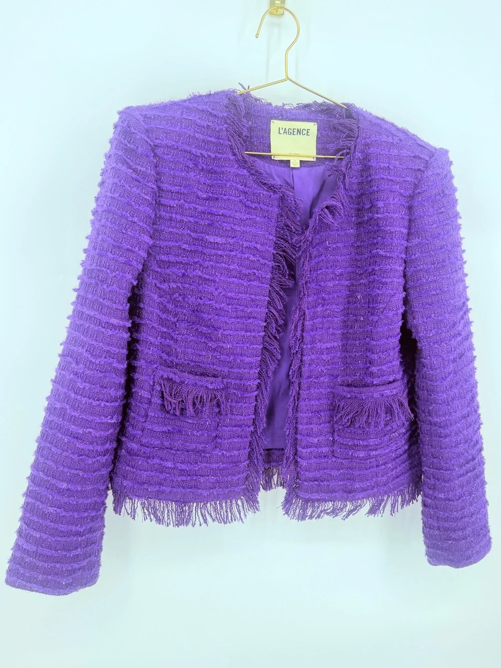 L’Agence Purple Tweed Fringe Jacket Blazer Wool Blend Womens Size 8 Open Front - Picture 2 of 8